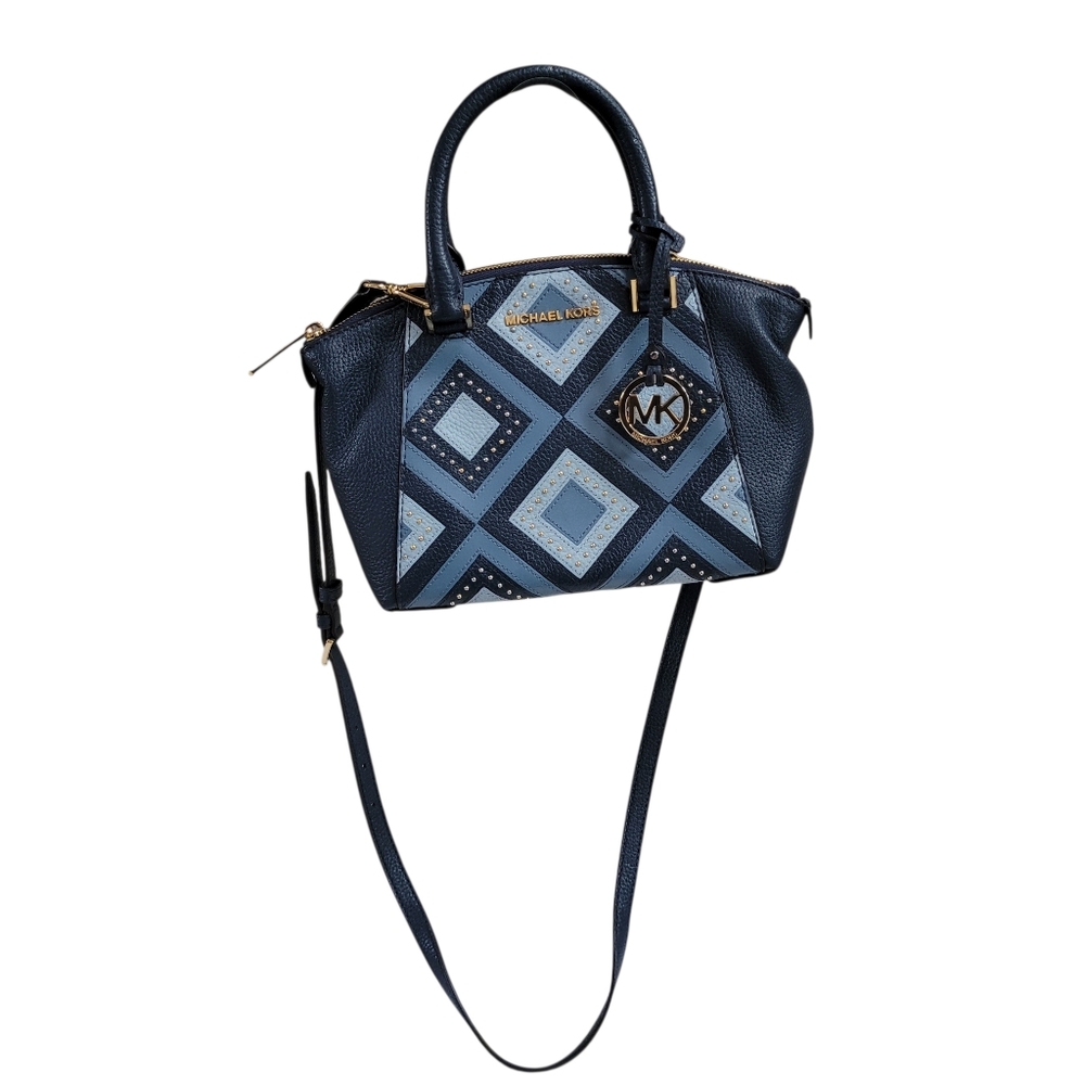 Like New Michael Kors Riley Blue Studded Patchwork Satchel - Picture 3 of 15